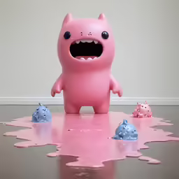 an odd pink monster statue with four small blue one