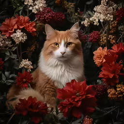 the fluffy cat is lying down among flowers