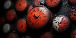 a bunch of round clocks with faces in the middle