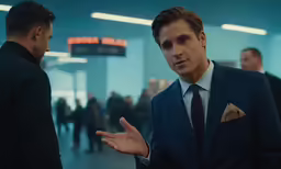 a man in a suit speaks with other men in the background