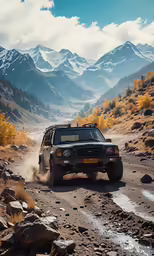 a jeep driving down a road on a dirt covered hill