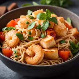 a bowl of pasta with shrimp, tomatoes and basil