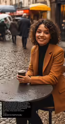 a young black woman in an orange jacket holding a cup