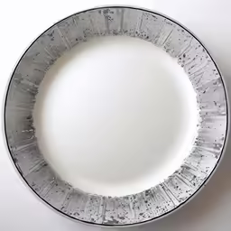 an empty white plate with black trim