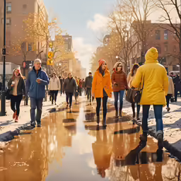 the crowd of people are walking down the street near puddles