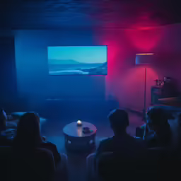two people sit in a dimly lit room in front of a television and a cake