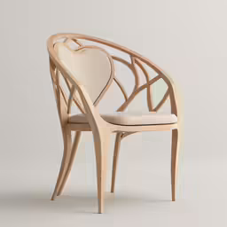 a heart shaped wooden chair against a white wall