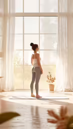 the young woman is wearing tight leggings and stands by the window