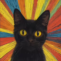 a black cat with yellow eyes and a multicolored background