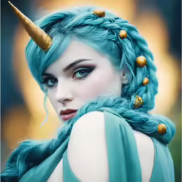 woman wearing green with horns braided in blue