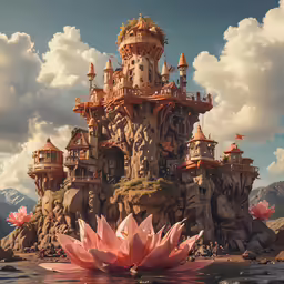 a painting that is very artistic and shows a castle with many towers