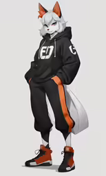 a man wearing a red and white fox head hoodie, pants and sneakers