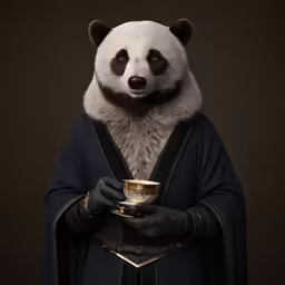 a giant panda bear dressed in black and holding a coffee cup
