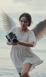 a girl with wings and dress holding an old camera