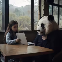 a little girl with a panda bear mascot sitting at a table