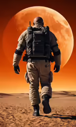 an astronaut walking on the sand towards the moon