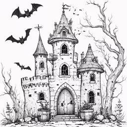 a halloween castle coloring page for adults with bats and pumpkins