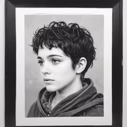 a framed photograph of a woman with hair in a dark frame