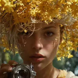 the girl with the yellow hat is holding a camera