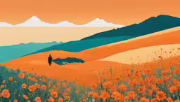 an abstract painting depicting a man in a field of flowers,a large field with a man in the distance on top