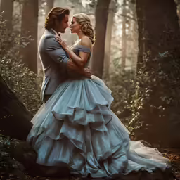 a couple wearing wedding gowns are standing in the woods