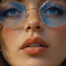 a woman with blue eye makeup and glasses