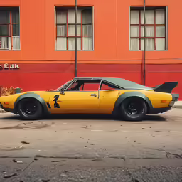 the yellow car is parked on the side of the road
