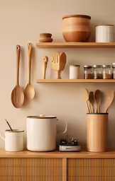 a room with some items arranged on wooden shelves