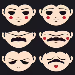 a set of six faces with different expressions