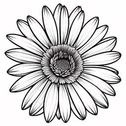 a drawing of a flower that is black and white,a black and white drawing of a large daisy,a black and white photo of a flower with petals,an ink drawing of a sunflower with petals,an outline drawing of a flower