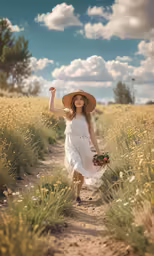 a woman with a hat and flower bouquet