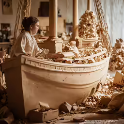 a woman is sitting at the bottom of a large boat