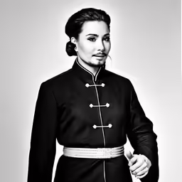 the woman wearing a black outfit is standing up