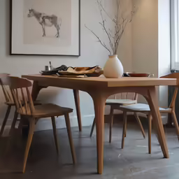 a table with a vase sitting on it in front of a window