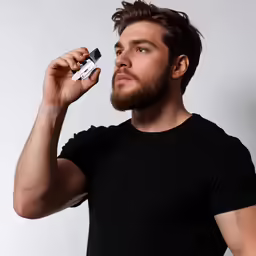 a man holding something up to his ear with one hand