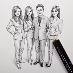 a pencil drawing of a family with three people, all holding a pen