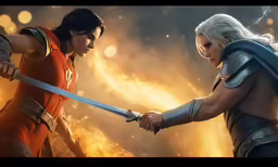 two people fighting with swords and fire