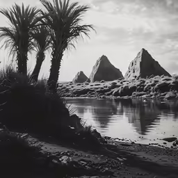 a black and white photo of a beach with trees