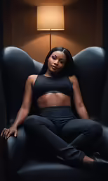 a black woman in tight pants sits in a chair
