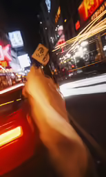 a car passing by a busy street with pedestrians on it