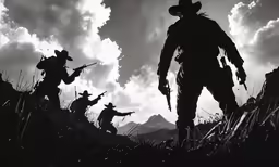 silhouettes of armed men in the field and mountains