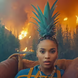 a woman wearing a pineapple headpiece sitting on a couch