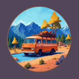 an old style van is parked in front of a mountain,a camper van sits parked in the desert with an orange campervan behind it