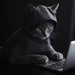 a cat is on the computer with a hoodie