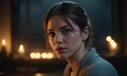 a girl standing in front of a group of candles