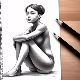 a pencil drawing of a girl sitting cross legged on the floor,a drawing of a woman sitting on the ground