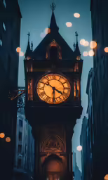a building with a clock at the top with lights in front