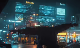 a person waving in the rain in front of a busy street