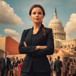 a woman is posing in front of the capitol building