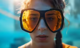 woman wearing mirrored sunglasses looking at the camera